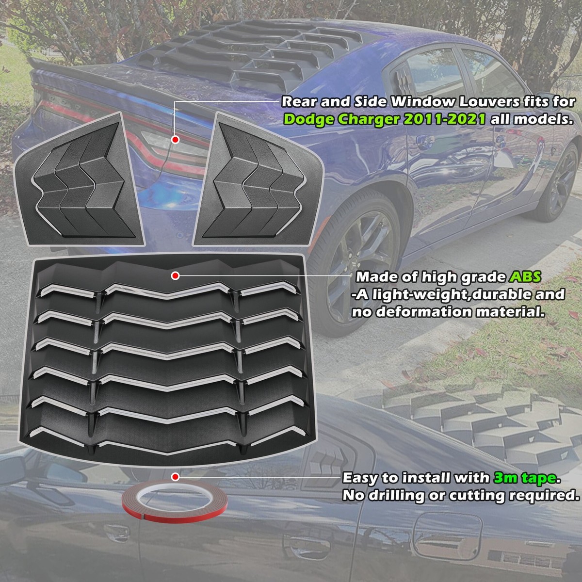 Rear+Side Window Louvers for Dodge Charger 11-22 SXT/GT/RT/RT Scat