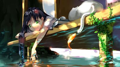Anime girls water cats fish green eyes original playmat gaming mat