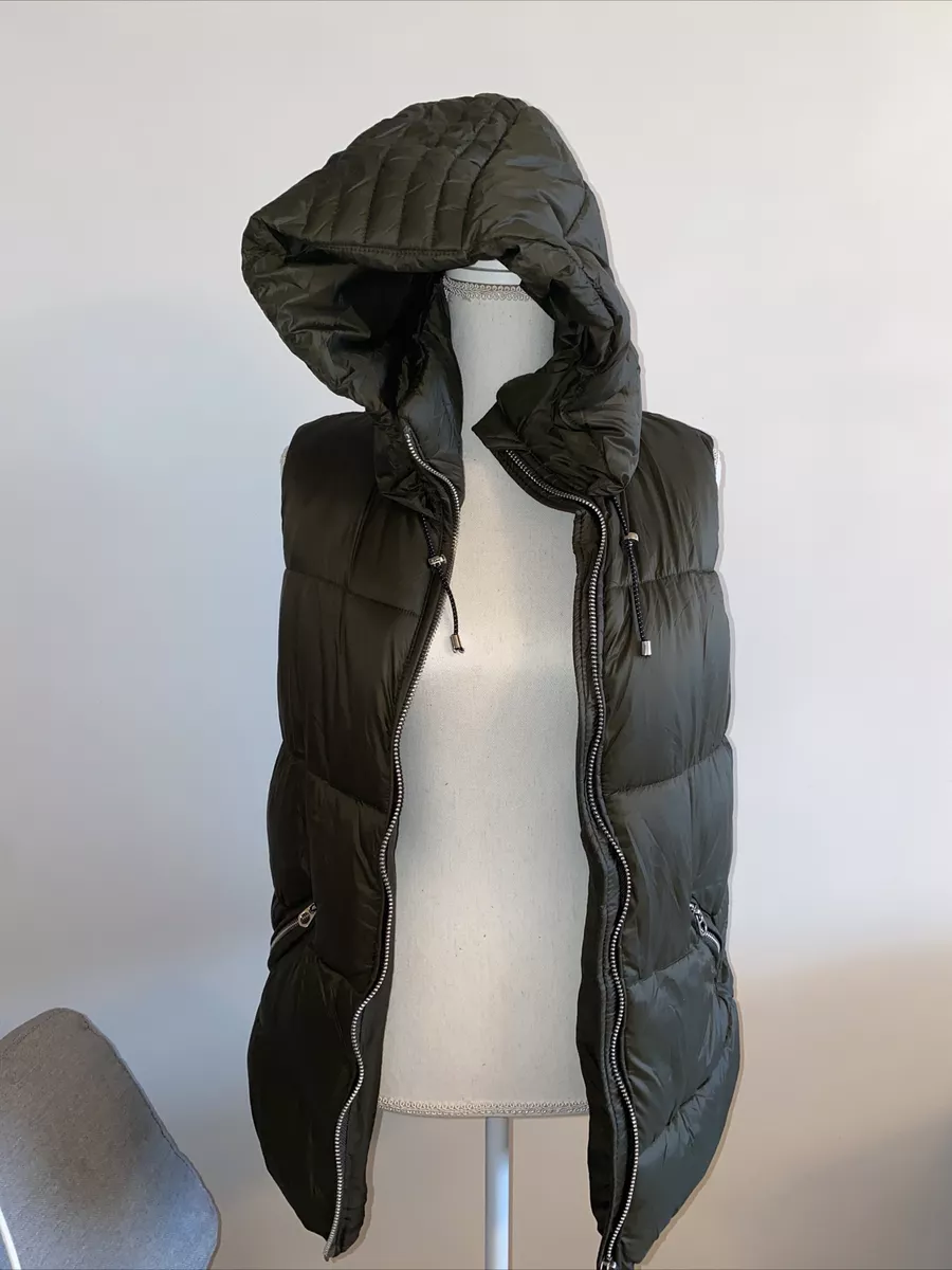 ZARA KHAKI Green PUFFER QUILTED GILET VEST JACKET HOOD. MEDIUM