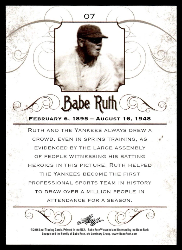 2016 Leaf Babe Ruth Collection Babe Ruth #07 - Image 2 of 2