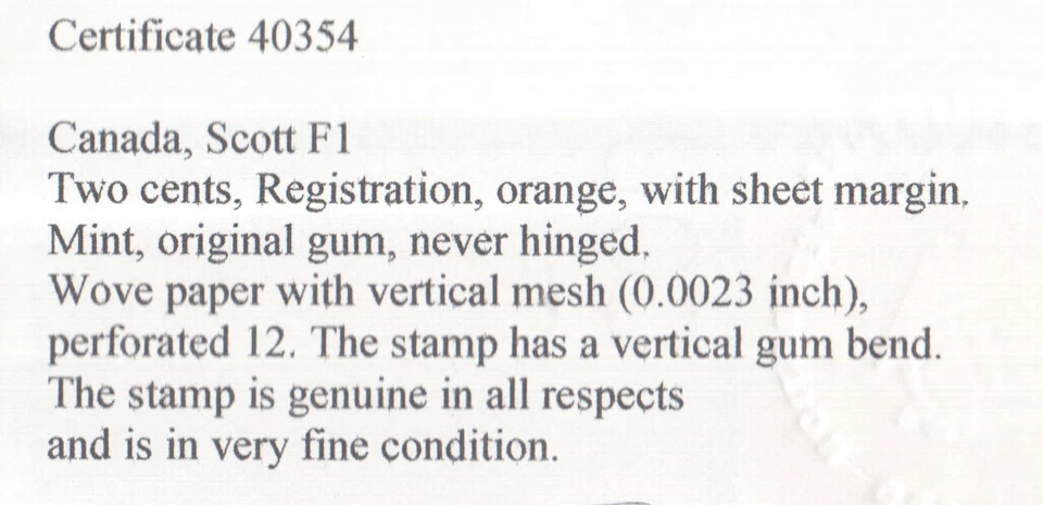 Canada #F1 Extra Fine Never Hinged Left Margin Single **With Certificate** - Image 2 of 2