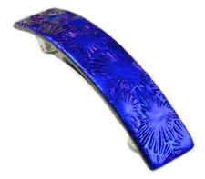 Dichroic Glass Hair Barrette Blue Sapphire Navy Floral Shell Patterned 3.5" 90mm