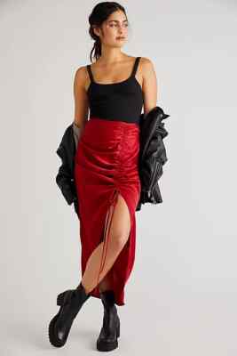 Free People Cerine Ruched Slim Party Midi Skirt, Red, UK 6, RRP $88