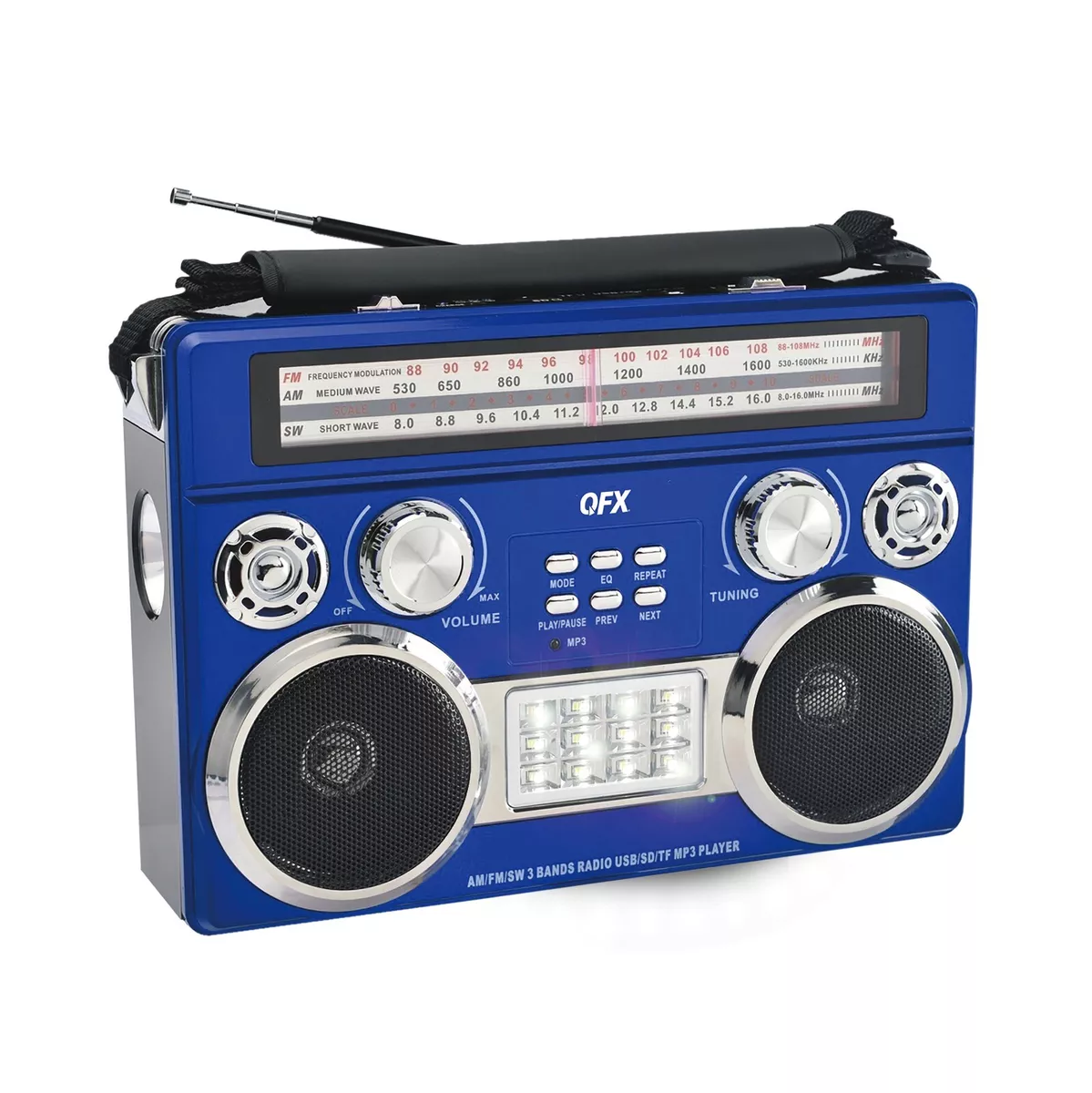 QFX Blue Portable Retro AM FM SW 3 Band Radio With Flashlight