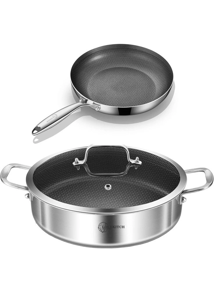 LOLYKITCH 6QT Tri-Ply Stainless Steel Sauté Pan with Lid+8"Nonstick Fry Pan Set