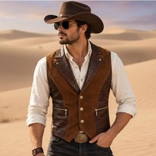 Brown Embossed Leather Men's Vest Steampunk Biker Gothic Button Waistcoat