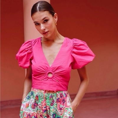 NWT Cleobella Avila Top Magenta Pink XS Cotton Puff Sleeve Crop Cutout Preppy