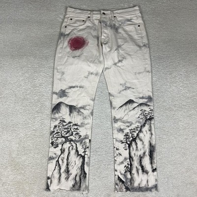 Edwin Jeans Mens 30x30 White EV 55 Relaxed Selvedge Painted Landscape Art Japan