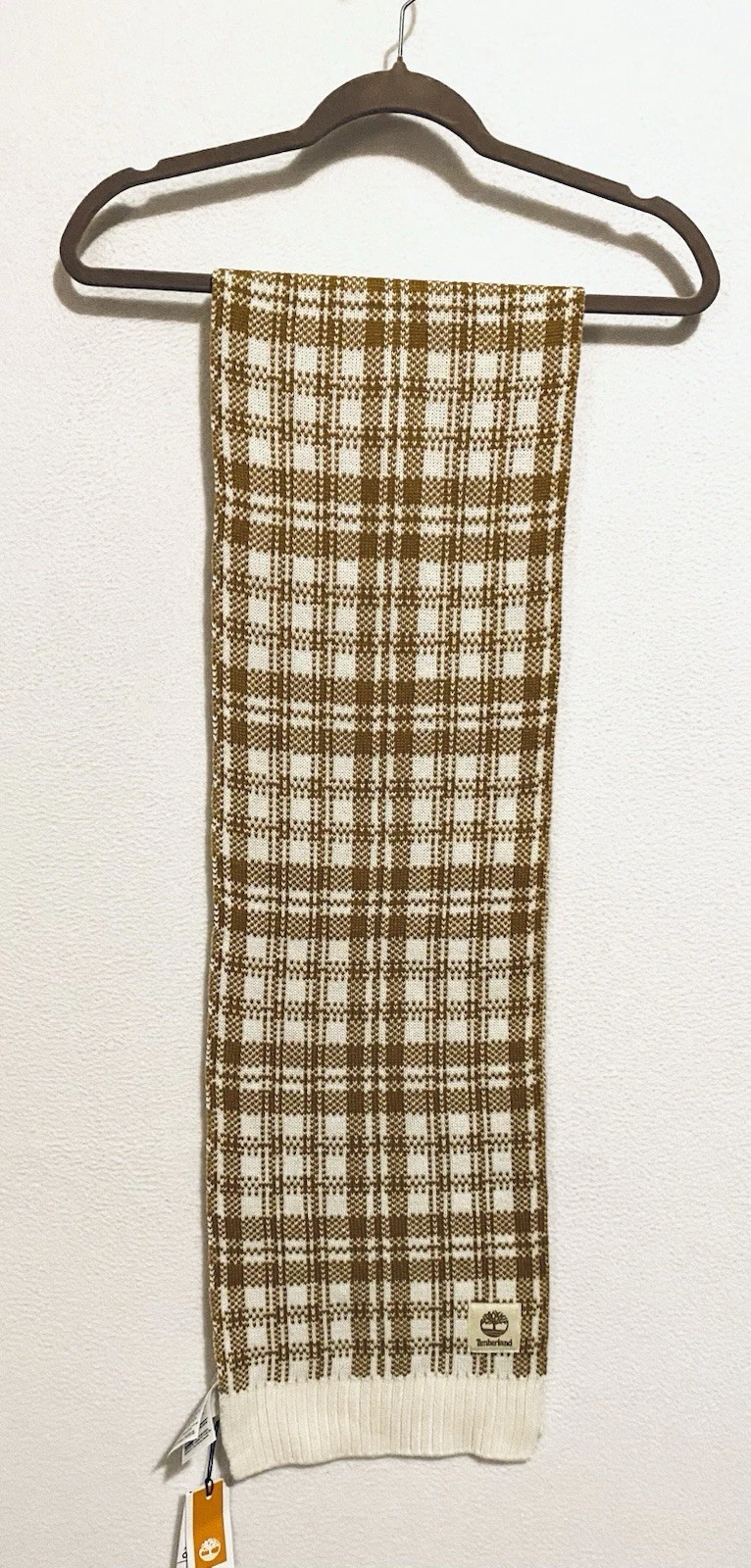 Timberland Scarf Womens One Size Camel Tan Ivory Buffalo Plaid Ribbed Hem Cozy