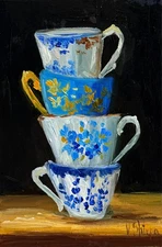 VINTAGE WHITE and Blue Cups Original Oil Painting Signed UKRANE