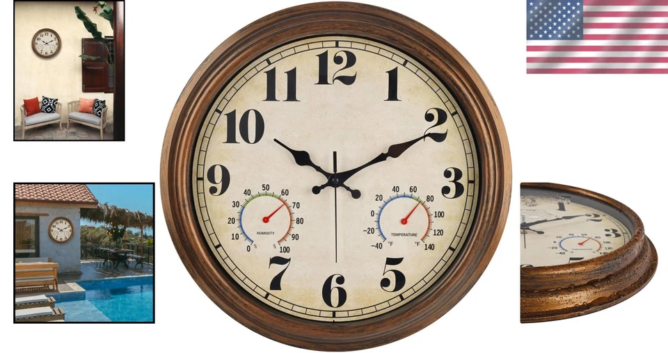 Elegant 16'' Bronze Wall Clock with Outdoor Thermometer & Hygrometer Features - Image 2 of 4