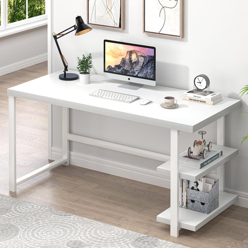 White Computer Desk, Modern Home Office Desk with Storage Shelf, Wood and Met...