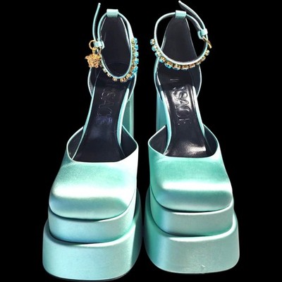 Versace Platform Aevitas Heels Ankle Strap Crystals Satin-Forget me Not EU-37.5