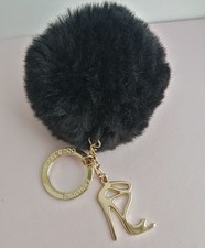 Jimmy Choo Parfums Black Faux Fur Pom Pom Keychain Gold Tone Stiletto Heel Charm