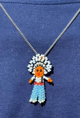 VTG Southwest Native American Indian Chief Figure Seed Bead Pendant Chain