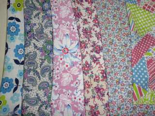 7 Large Pieces Vintage Feedsack Fabric in Pinks Blues and Reds Flowers & Patch