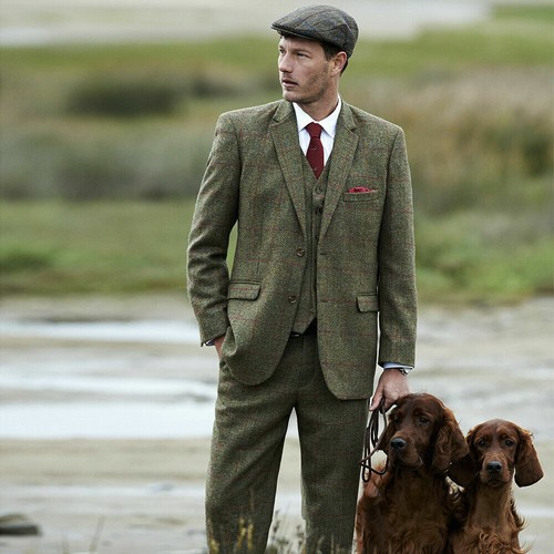 Misto Lana Abito da uomo verde oliva in Tweed con motivo a Plaid Smoking Da  Sera Casual tuta di caccia | eBay