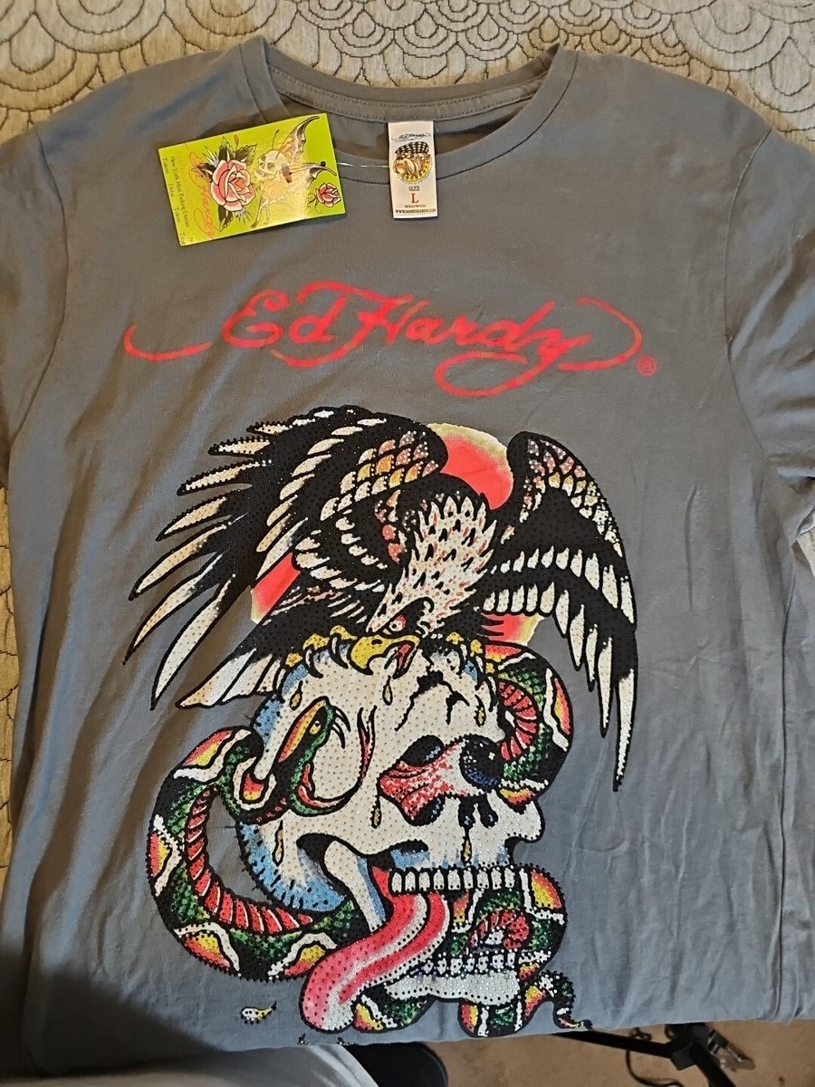 Don Ed Hardy スカジャン Don Ed Hardy Skull Eagle Snake Short Sleeve Rhinestone