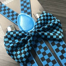 Blue Black Checker Suspenders and Bow Tie Matching Set Wedding Prom Adult