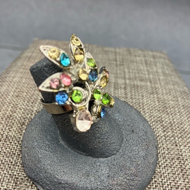 Statement Ring Multicolor Rhinestone Floral Leave… - image 2