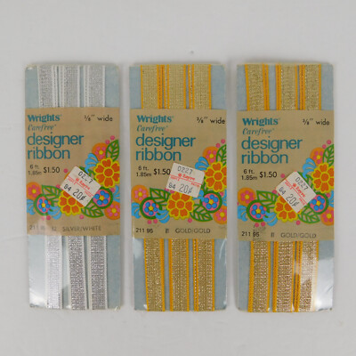 Wright Ribbon Vtg Lot Of 3 Wrights DESIGNER RIBBON - (1) SILVER & (2) GOLD 3/8