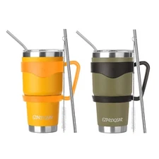 30 oz 2 Pack Stainless Steel Tumbler w/ Lids, Handle & Straws Travel Coffee Mug