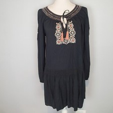 Sanctuary Black Freya Embroidered Beach Boho Long Slv Mini Dress Sz xs floral