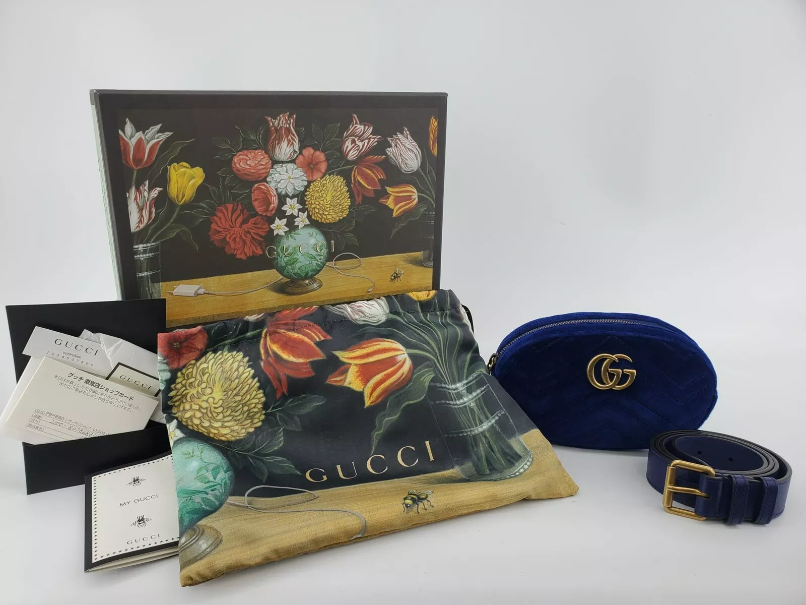 Sac boum logo Gucci Marmont ceinture Fanny bleu marine velours 85 cm sac pochette 1009