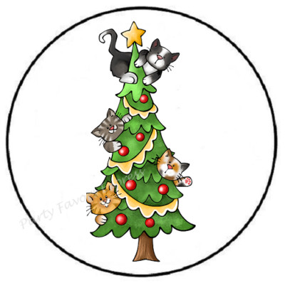 CATS IN CHRISTMAS TREE ENVELOPE SEALS LABELS STICKERS PARTY FAVORS