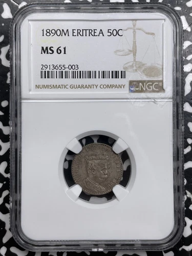 1890-M Eritrea 50 Centesimi NGC MS61 Lot#G7509 Silver! Nice UNC!