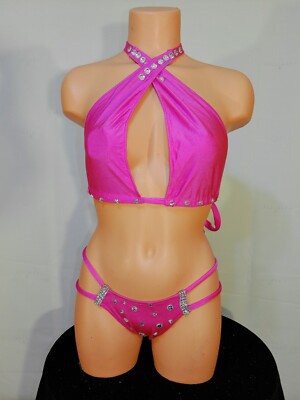 Exotic dancer stripper medium hot pink two piece bikini dance outfit-dancewear