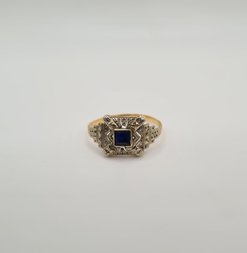 Bague or jaune 18 carats sertie de saphir et diamants T60, 2.3g - Imagen 6 de 6