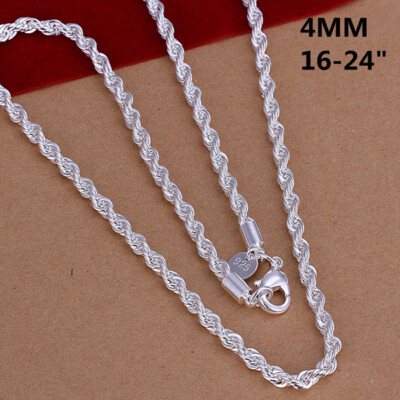 Fashion 925sterling Solid Silver 4MM Snake Rope Chain Men Necklace 16-24 inch