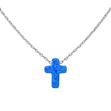 Blue Opal Cross Charm .925 Sterling Silver Pendant Necklace