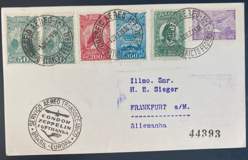 1936 Brazil Hindenburg Zeppelin Flight PC cover to Frankfurt Germany LZ 129