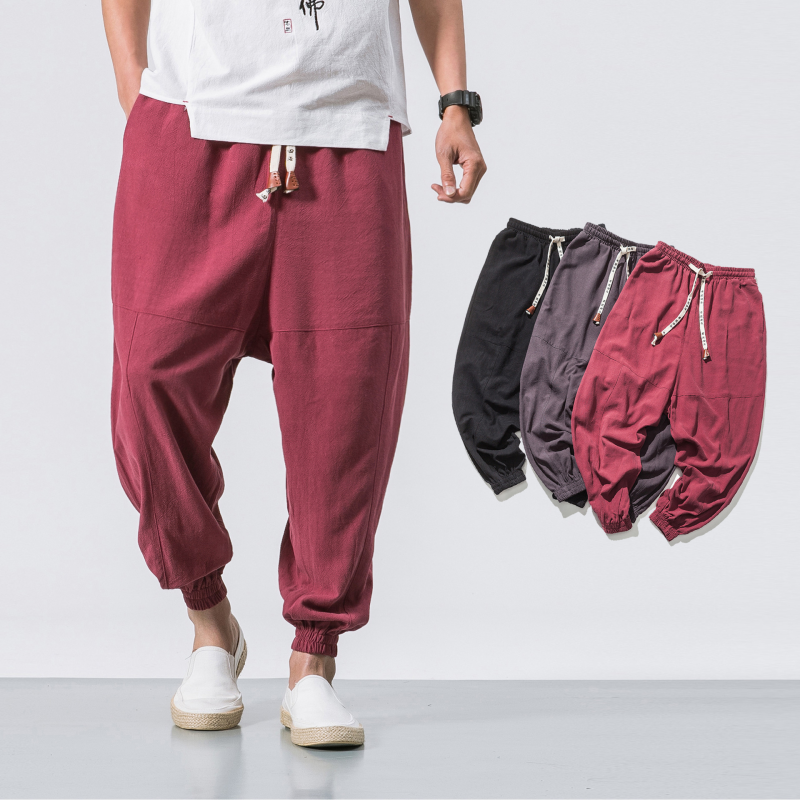Spring Autumn Men's Casual Loose Fit Cotton Linen Drawstring Trousers Solid Color