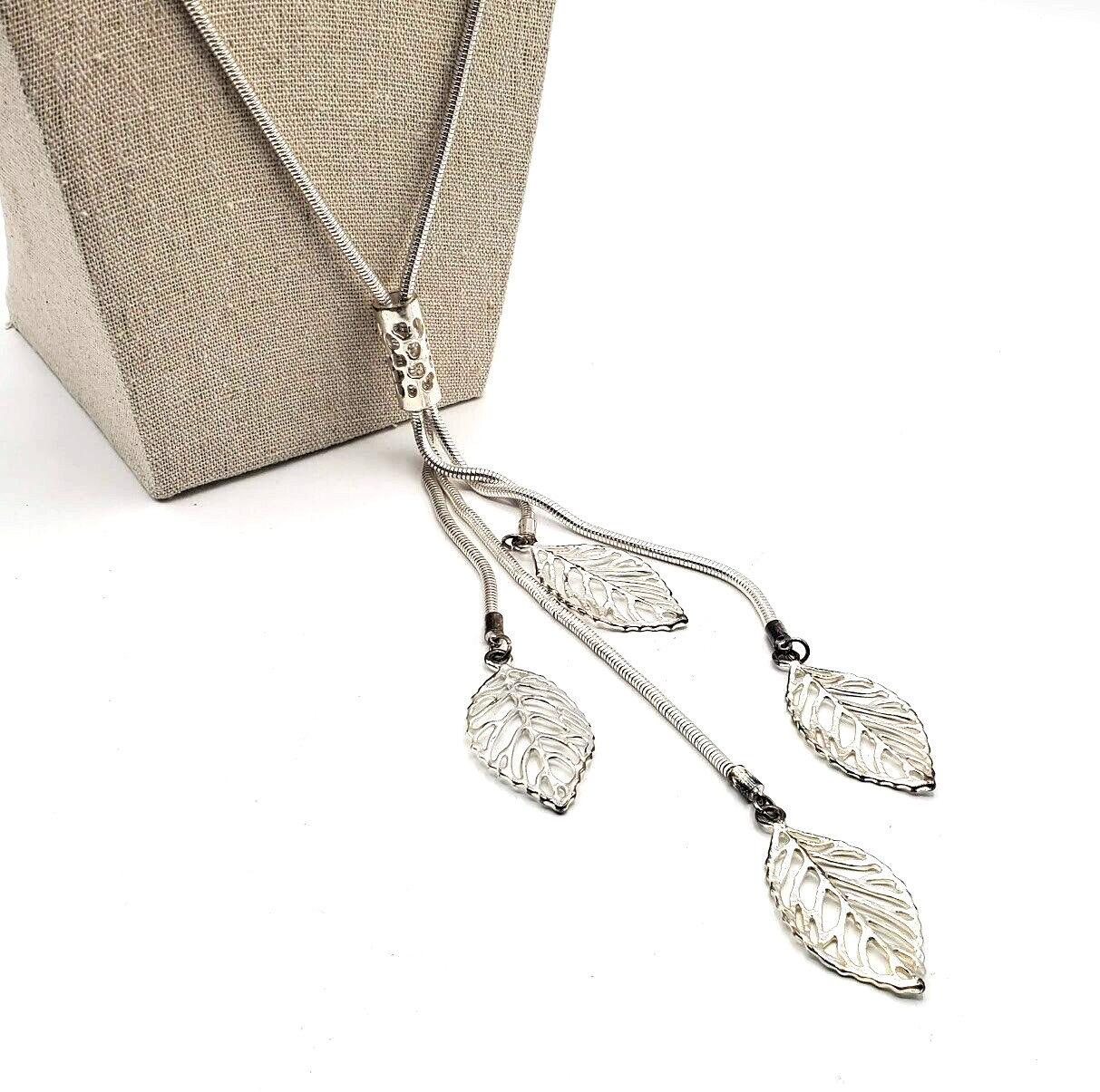 Leaf Shape Snake Chain Necklace Statement SilverT… - image 2
