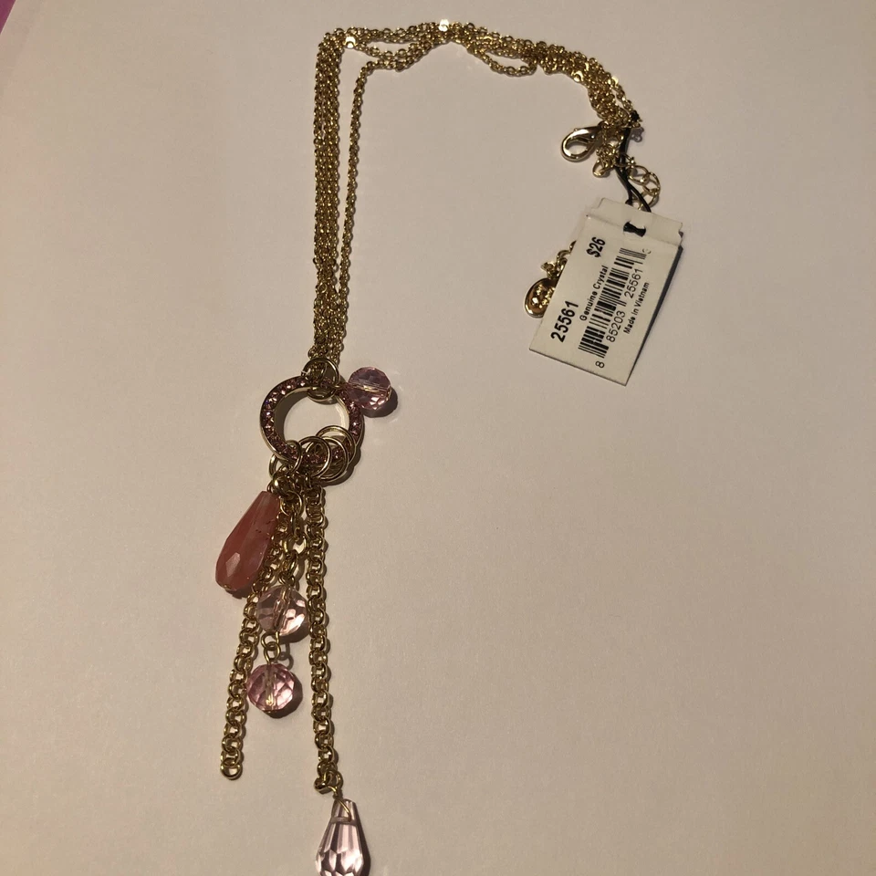 COLLAR COLGANTE COOKIE LEE CRISTAL ROSA GOTA TONO DORADO 19" CON EXTENSOR DE 3" Nuevo Foto 3 de 4