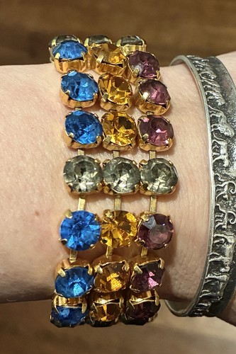 VTG LONDON PARIS HOUSE Large Blue Gold Bronze 3 Row RHINESTONE BRACELET