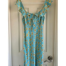 J.Crew Retro Daisy Ruffle Cap-Sleeve Slip Midi Dress Blue Yellow CK825 Size 4