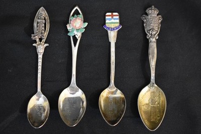 Set 4 Antique Sterling Silver Alberta Souvenir Spoons Waterton Edmonton Enamel