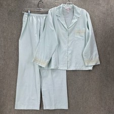 Oscar de la Renta Pink Label Seafoam Lace Trim Pajama Set Size LG Flannel Lined
