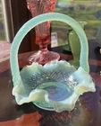 Vintage Fenton Aqua Opalescent Glass Basket Diamond Lace Candy Dish Ruffled Blue