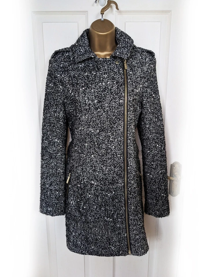 LIPSY Black & White Mottled Wool Blend Asymmetric Zip Coat, size 12 - VGC - Image 3 of 4