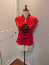 Vintage LINZHIXIU Size S Silk Traditional Chinese Woman's Top Red Sleeveless 