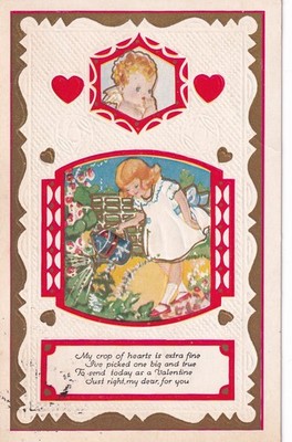 Valentine Girl Watering Plants and a Cherub Deering KS Rich Hill MO Postcard F15