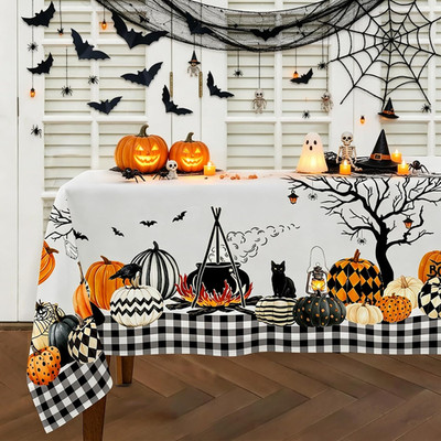 Halloween Tablecloth 60×84 Inch Rectangular,Spooky Black/White Buffalo Plaid Pum