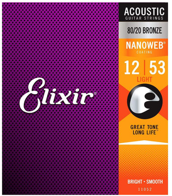 Elixir 11052 NanoWeb 80/20 Bronze Acoustic Guitar Strings 12-53 light