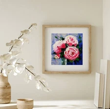 Pink Roses Painting Original Artwork Floral Art Impasto Oil Painting 3D Art 6x6"