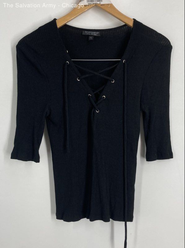 Topshop Womens Black Ribbed Lace-Up Neck Short Sleeve Casual T-Shirt Size 4